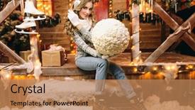  Presentation with snowball - Cool new PPT layouts with pretty girl in winter clothes made a big snowball for a snowman near his house decorated for christmas merry christmas and happy new year backdrop and a coral colored foreground