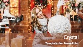  Presentation with snowball - Amazing PPT theme having headwear - pretty girl in winter clothes backdrop and a red colored foreground