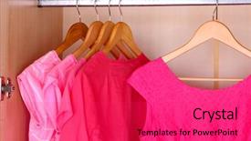  Presentation with clothing wooden clothes hanger object - Amazing presentation design having clothes on hangers in wardrobe backdrop and a  colored foreground
