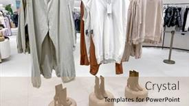  Presentation with clothes shop - PPT theme featuring clothes-on-hangers background and a coral colored foreground