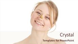  Presentation with smell - Theme featuring clothes pin - portrait of young caucasian woman background and a  colored foreground