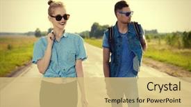  Presentation with jeans denim - Colorful slide set enhanced with clothes posing on a highway backdrop and a yellow colored foreground