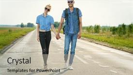  Presentation with jeans denim - PPT theme consisting of clothes posing on a highway background and a mint green colored foreground