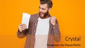  Presentation with cheerful - PPT layouts with clothes standing isolated over yellow background and a gold colored foreground