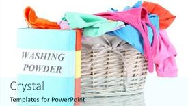  Presentation with clothes washing powder - Amazing slide set having clothes with washing powder in wooden basket isolated on white backdrop and a cool aqua colored foreground