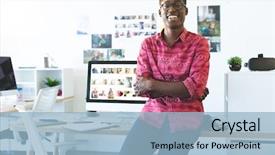  Presentation with graphic - PPT theme having clothescompany - portrait of young african-american graphic background and a light blue colored foreground