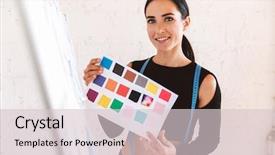  Presentation with measuring - PPT theme having clothescompany - smiling young woman tailor background and a  colored foreground