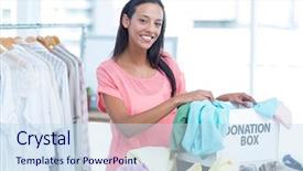  Presentation with volunteer - Slide deck having clothing donation - portrait of a smiling young background and a sky blue colored foreground