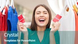  Presentation with people mall - PPT layouts enhanced with clothing fashion sale and people concept - happy woman showing tags on clothes at shopping center or mall background and a ocean colored foreground