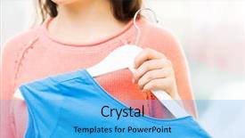  Presentation with teenage girl - Colorful slide set enhanced with clothing fashion style and people concept - close up of happy young woman or teenage girl holding hanger with t-shirt backdrop and a teal colored foreground