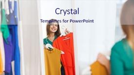  Presentation with clothing - Slides featuring clothing fashion style and people concept - happy woman choosing clothes at home wardrobe background and a sky blue colored foreground