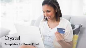  Presentation with online shopping - Beautiful slide deck featuring casual girl at home taking the breakfast and reading the tablet on weekend backdrop and a dark gray colored foreground