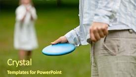  Presentation with frisbee - Cool new PPT layouts with midsection of man in casual clothing ready to throw frisbee with woman in background backdrop and a tawny brown colored foreground