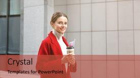  Presentation with sad woman walking - Amazing PPT layouts having clothing red - young beautiful woman with coffee backdrop and a  colored foreground