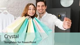  Presentation with online shopping store - Slide deck featuring clothing store woman holding lot background and a mint green colored foreground