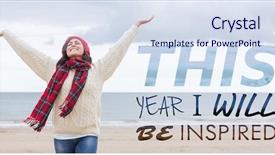  Presentation with womens fitness clothing - Colorful slides enhanced with clothing stretching arms on beach backdrop and a sky blue colored foreground