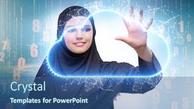  Presentation with cloud computing - Audience pleasing PPT theme consisting of cloud-computing-concept-with-woman backdrop and a ocean colored foreground