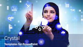  Presentation with cloud computing - Colorful PPT theme enhanced with cloud-computing-concept-with-woman backdrop and a navy blue colored foreground