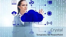  Presentation with cloud computing - PPT theme consisting of cloud-computing-concept-with-woman background and a light blue colored foreground