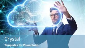  Presentation with cloud computing - Beautiful PPT theme featuring cloud-computing-concept-with-woman backdrop and a teal colored foreground