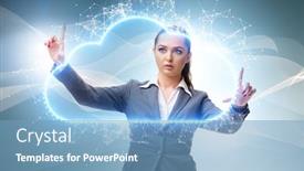  Presentation with cloud computing - Audience pleasing PPT theme consisting of cloud-computing-concept-with-woman backdrop and a teal colored foreground