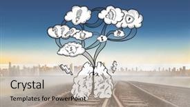  Presentation with railway tracks - Slide deck enhanced with cloud computing doodle against railway tracks leading to city on the horizon background and a mint green colored foreground