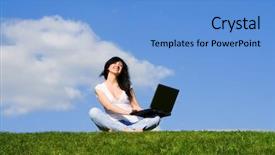  Presentation with green computing - Colorful PPT theme enhanced with cloud computing free - pretty woman with laptop backdrop and a light blue colored foreground