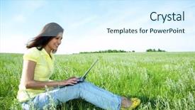  Presentation with green cloud computing - PPT theme featuring cloud computing free - pretty woman with laptop background and a cool aqua colored foreground