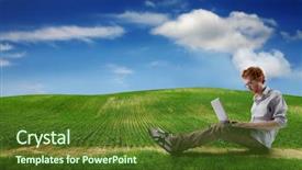  Presentation with student - Colorful PPT theme enhanced with cloud computing free - student using laptop backdrop and a  colored foreground