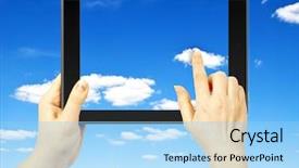  Presentation with woman hands raised to sky - Slide set consisting of cloud computing mobile - woman hand holding a tablet background and a  colored foreground