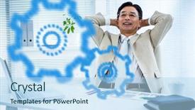  Presentation with shape - Cool new slide set with cloud in shape of cogs and wheels against portrait of smiling asian businessman backdrop and a light blue colored foreground