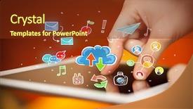  Presentation with colorful hands - Audience pleasing slide set consisting of cloud interactive - female hands touching tablet backdrop and a tawny brown colored foreground
