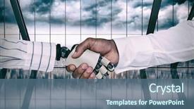  Presentation with shaking hands - Slide set featuring cloud robotics - businessman and robot shaking hands background and a ocean colored foreground