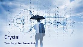  Presentation with umbrella - Audience pleasing PPT layouts consisting of cloud security - businessman with an umbrella looking backdrop and a  colored foreground