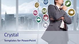  Presentation with blonde holding magnifying glass - Cool new theme with construction concept newspaper headline building backdrop and a light gray colored foreground