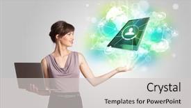  Presentation with green technology - Colorful PPT theme enhanced with cloud software - business girl showing modern green backdrop and a light gray colored foreground