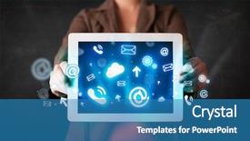  Presentation with software - Beautiful theme featuring cloud software - person holding a white tablet backdrop and a  colored foreground