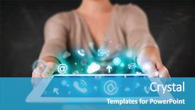  Presentation with software - Audience pleasing PPT theme consisting of cloud software - person holding a white tablet backdrop and a teal colored foreground