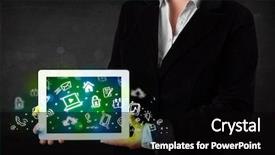  Presentation with green - Amazing PPT layouts having cloud software - person holding tablet pc backdrop and a  colored foreground