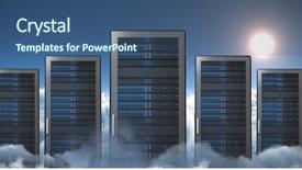  Presentation with server - Colorful slide deck enhanced with cloud storage - server tower against scenic view backdrop and a ocean colored foreground