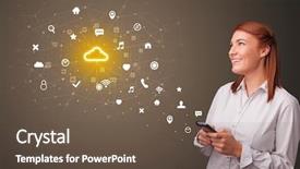  Presentation with cloud technology - Slide deck with home download - young person using phone background and a tawny brown colored foreground