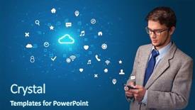  Presentation with cloud technology - PPT theme featuring store database - young person using phone background and a ocean colored foreground