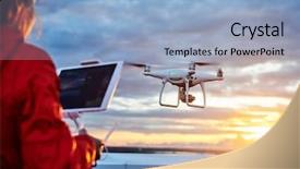  Presentation with drone quadcopter - Colorful PPT theme enhanced with cloud video surveillance - drone quadcopter with digital camera backdrop and a light blue colored foreground