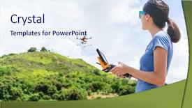  Presentation with control - Presentation with cloud video surveillance - young woman control flying drone background and a sky blue colored foreground