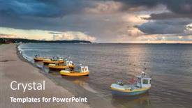  Presentation with fishing boats - Presentation theme with cloudy-sunrise-on-the-beach background and a gray colored foreground