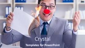  Presentation with burning paper - PPT theme consisting of clown businessman burning paper papers in the office background and a ocean colored foreground