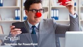  Presentation with piggy bank - Colorful PPT theme enhanced with clown-businessman-with-piggy-bank backdrop and a ocean colored foreground