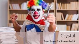  Presentation with working togheter kids - Audience pleasing PPT theme consisting of clown-businessman-working backdrop and a soft green colored foreground