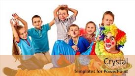  Presentation with kids birthday - Slide set with clown holding cake on birthday with group happy kids isolated background and a gold colored foreground
