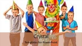  Presentation with children birthday - Presentation design with clown holding cake on birthday with large group children isolated background and a coral colored foreground
